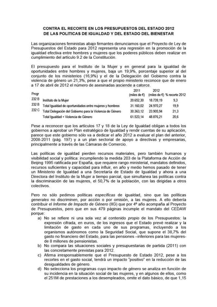 Manifiesto Feminista Presupuestos Generales del Estado 2012 Manifiesto Feminista Presupuestos Generales del Estado 2012