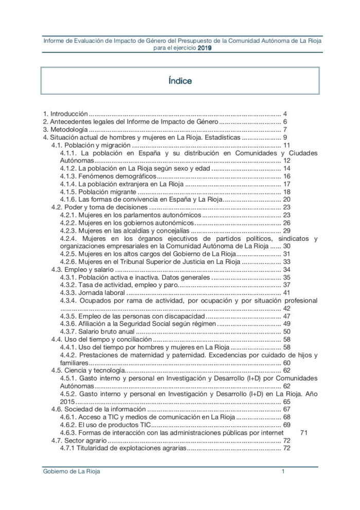 Informe de Impacto de Género del Proyecto de Ley de los Presupuestos Generales de La Rioja 2019 Informe de Impacto de Género del Proyecto de Ley de los Presupuestos Generales de La Rioja 2019