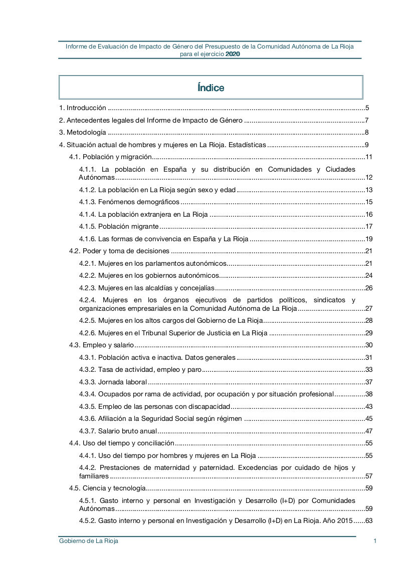 Informe de Impacto de Género del Proyecto de Ley de los Presupuestos Generales de La Rioja 2020 Informe de Impacto de Género del Proyecto de Ley de los Presupuestos Generales de La Rioja 2020