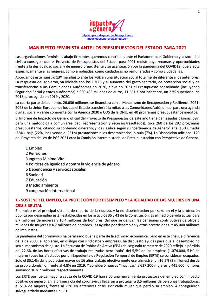 Manifiesto Feminista de los Presupuestos Generales del Estado 2021