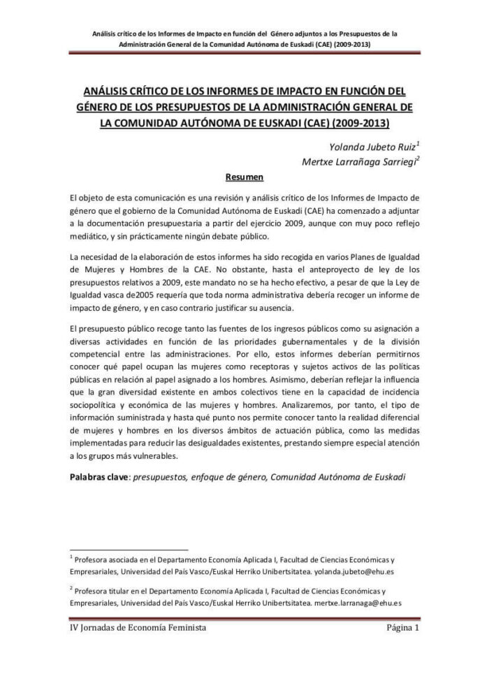 Análisis crítico de los Informes de Impacto en función del Género adjuntos a los Presupuestos de la Administración General de la Comunidad Autónoma de Euskadi (CAE) (2009-2013) analisis-critico-de-los-informes-de-impacto-en-funcion-del-genero-adjuntos-a-los-presupuestos-de-la-administracion-general-de-la-comunidad-autonoma-de-euskadi-cae-2009-2013
