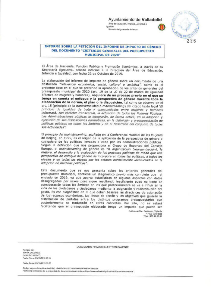 Informe sobre la petición del Informe de Impacto de Género del documento «Criterios Generales del Presupuesto Municipal de 2020» Ayuntamiento de Valladolid informe-sobre-la-peticion-del-informe-de-impacto-de-genero-del-documento-criterios-generales-del-presupuesto-municipal-de-2020-ayuntamiento-de-valladolid