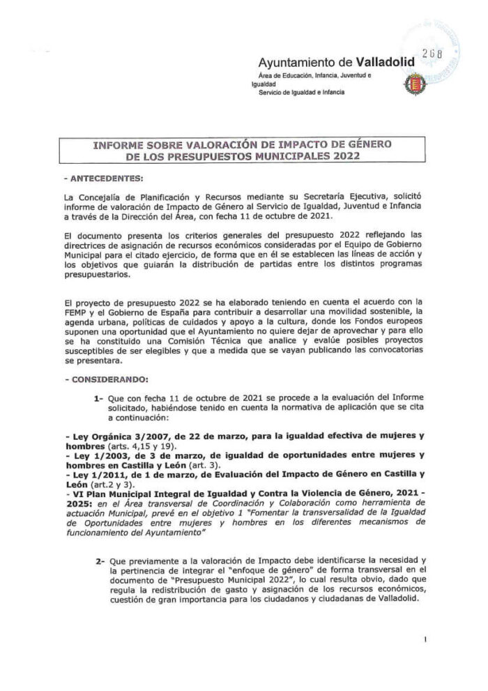 Informe sobre valoración de Impacto de Género de los presupuestos municipales Ayuntamiento de Valladolid 2022 informe-sobre-valoracion-de-impacto-de-genero-de-los-presupuestos-municipales-ayuntamiento-de-valladolid-2022