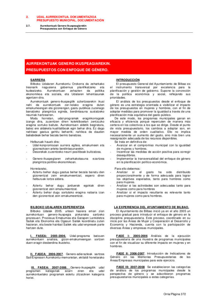 Presupuestos con enfoque de genero. Ayuntamiento de Bilbao. 2012