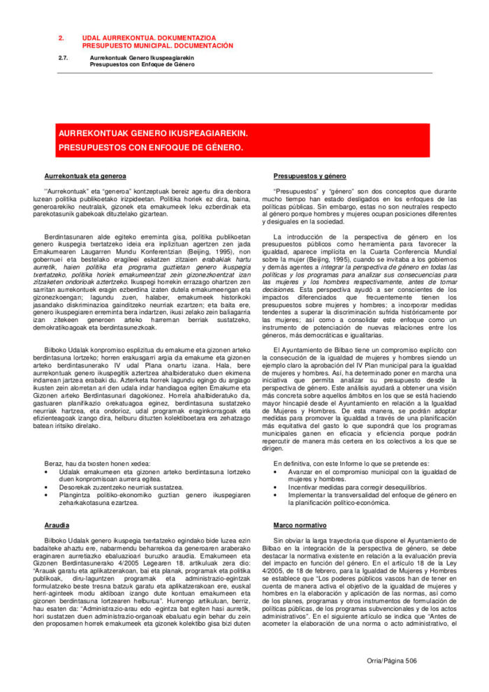Presupuestos con enfoque de genero. Ayuntamiento de Bilbao. 2016