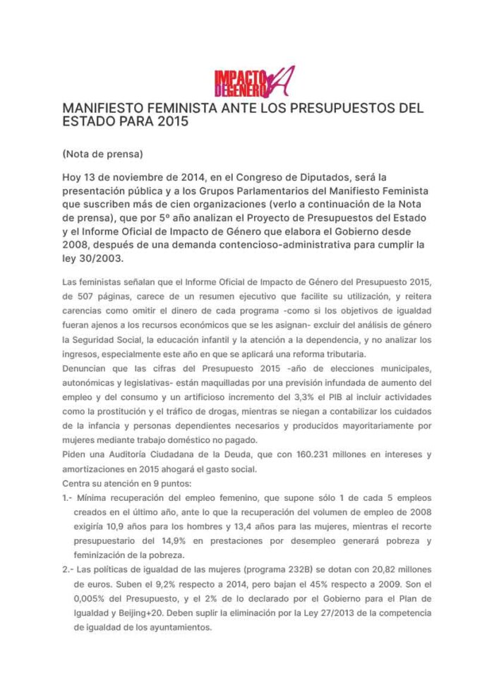 Manifiesto Feminista de los Presupuestos Generales del Estado 2015 Manifiesto Feminista de los Presupuestos Generales del Estado 2015