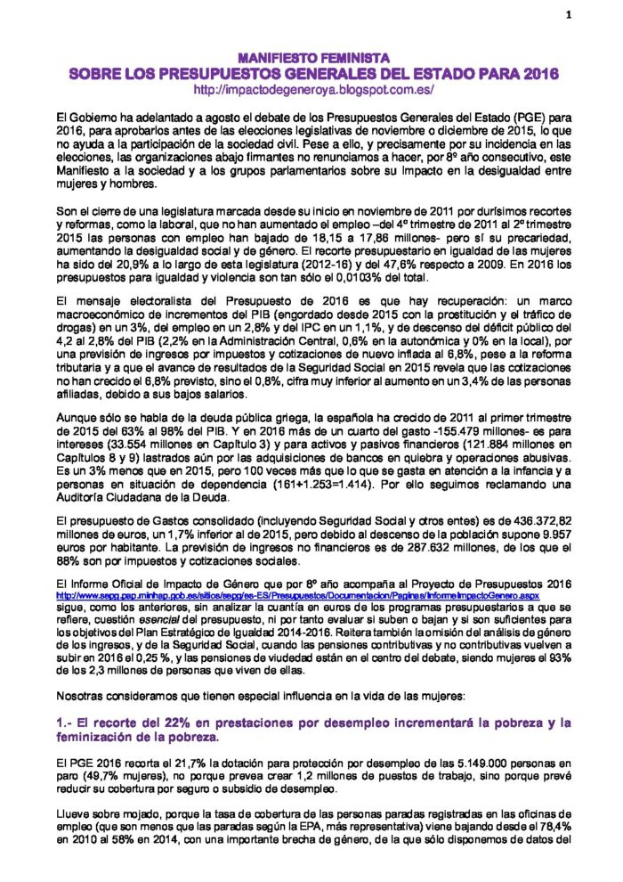 Manifiesto Feminista de los Presupuestos Generales del Estado 2016