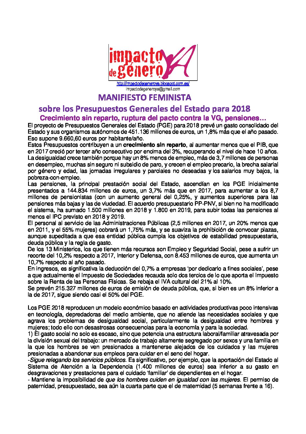 Manifiesto Feminista de los Presupuestos Generales del Estado 2018