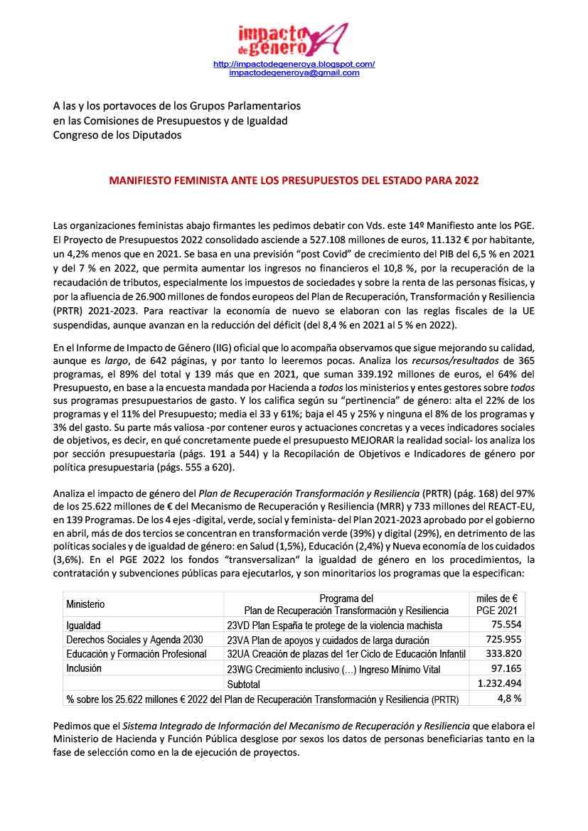 Manifiesto Feminista de los Presupuestos Generales del Estado 2022