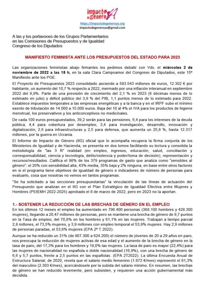 Manifiesto Feminista de los Presupuestos Generales del Estado 2023 Manifiesto Feminista de los Presupuestos Generales del Estado 2023