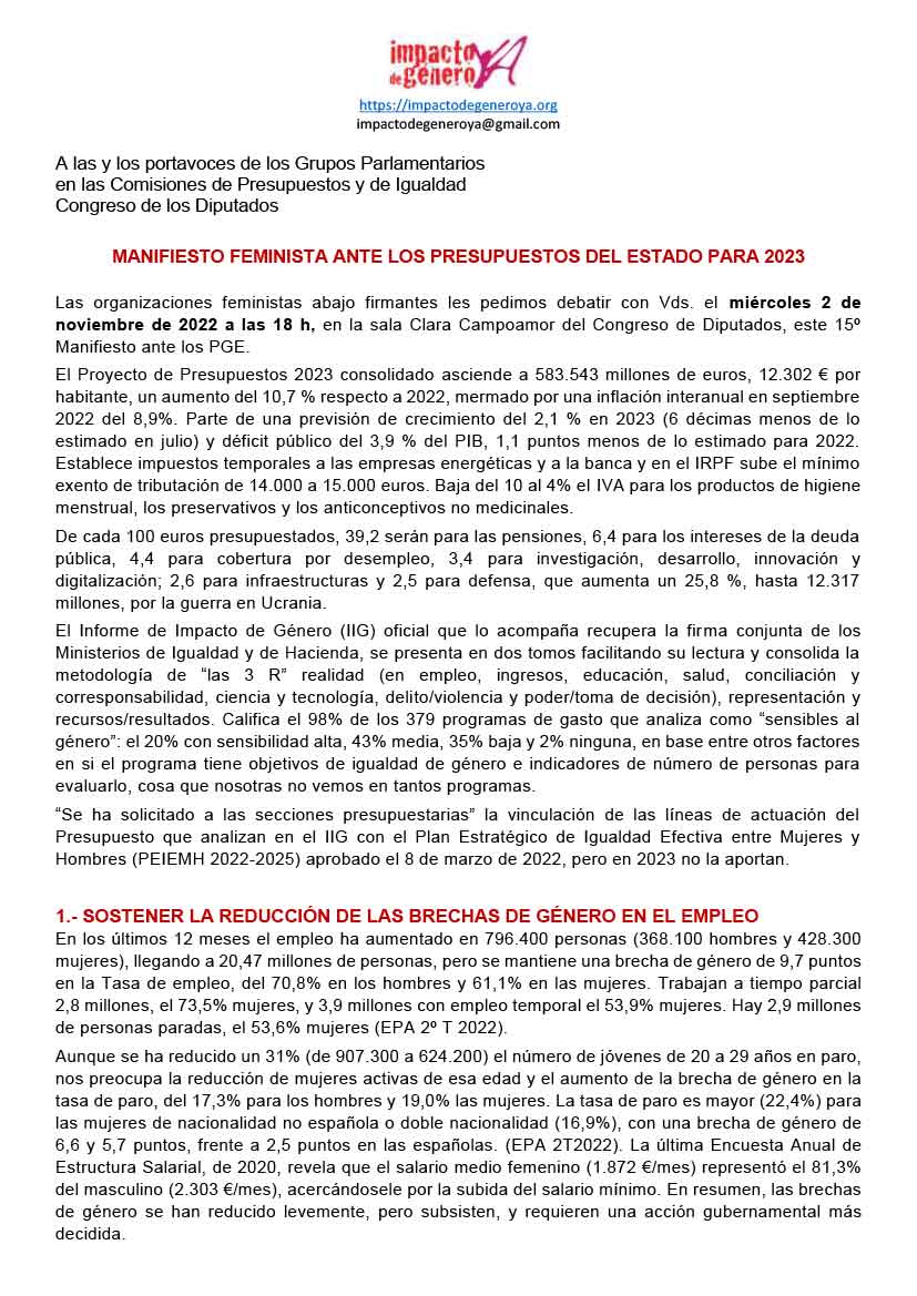 Manifiesto Feminista de los Presupuestos Generales del Estado 2023